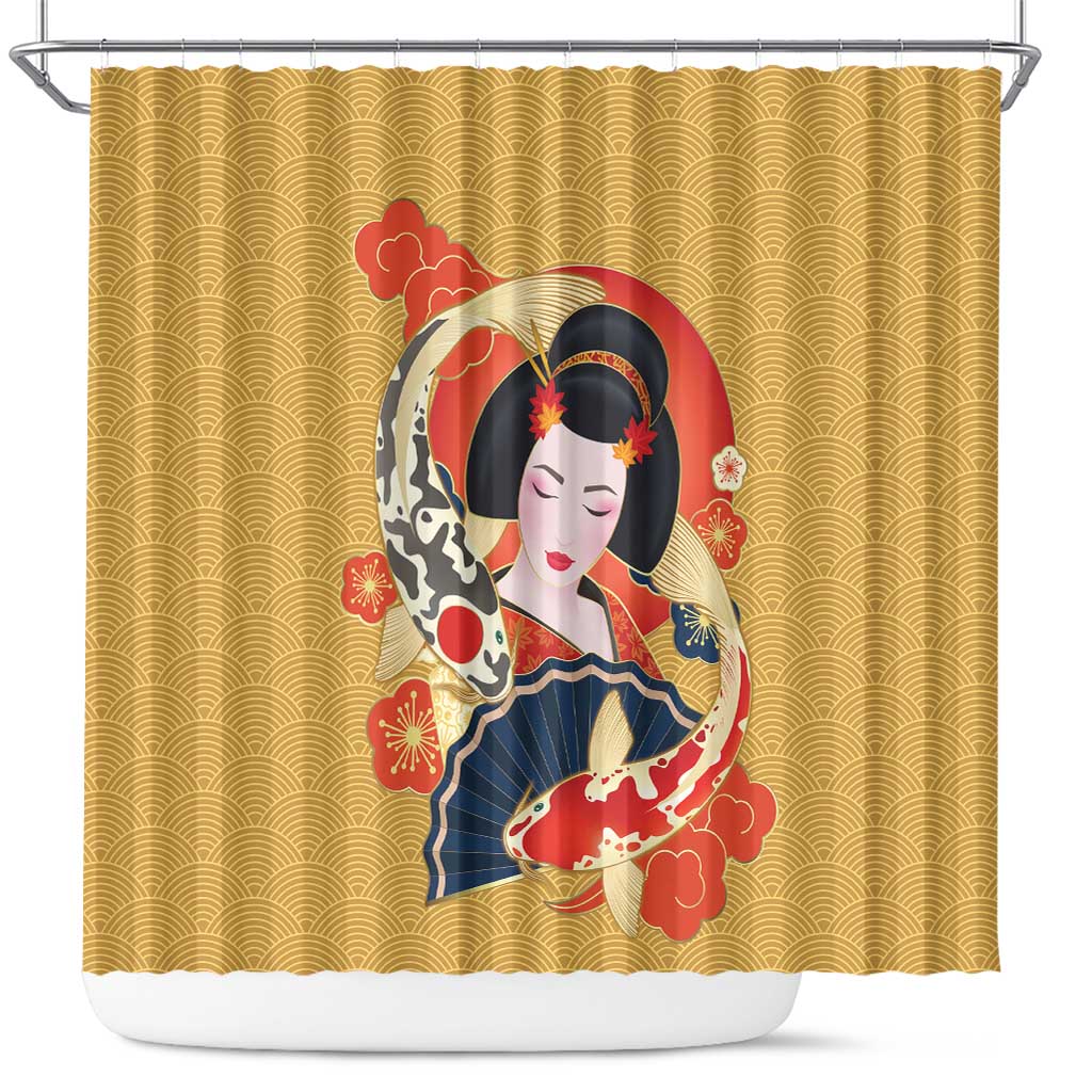 Japanese Geisha Koi Fish Shower Curtain Cherry Blossoms Yellow Seigaiha Pattern LT14 Yellow - Polynesian Pride