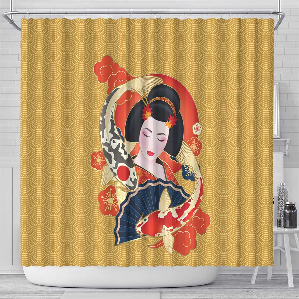 Japanese Geisha Koi Fish Shower Curtain Cherry Blossoms Yellow Seigaiha Pattern LT14 - Polynesian Pride