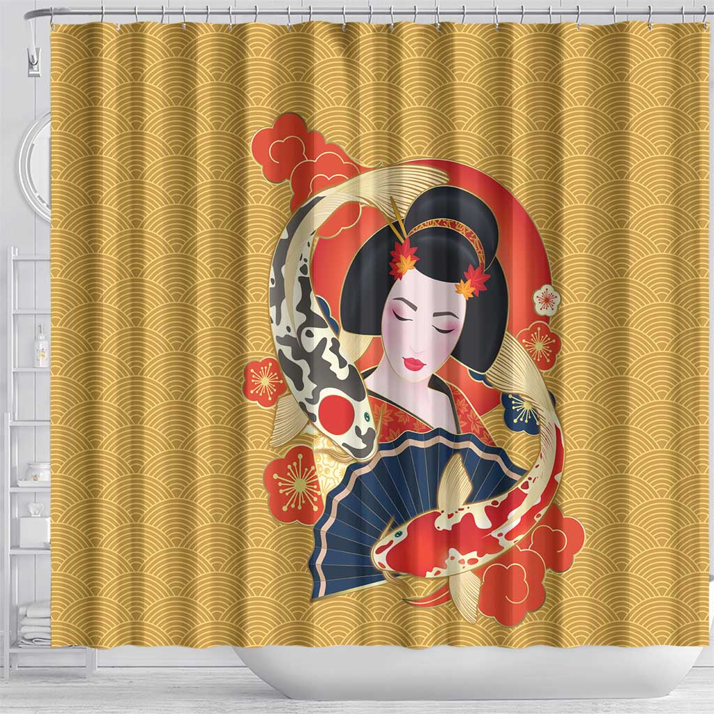 Japanese Geisha Koi Fish Shower Curtain Cherry Blossoms Yellow Seigaiha Pattern LT14 - Polynesian Pride