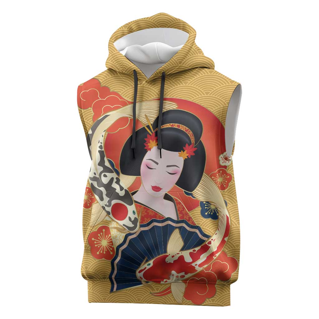 Japanese Geisha Koi Fish Sleeveless Hoodie Cherry Blossoms Yellow Seigaiha Pattern - Polynesian Pride