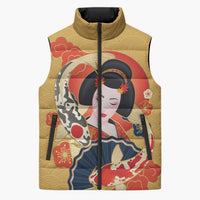 Japanese Geisha Koi Fish Sleeveless Puffer Jacket Cherry Blossoms Yellow Seigaiha Pattern - Polynesian Pride