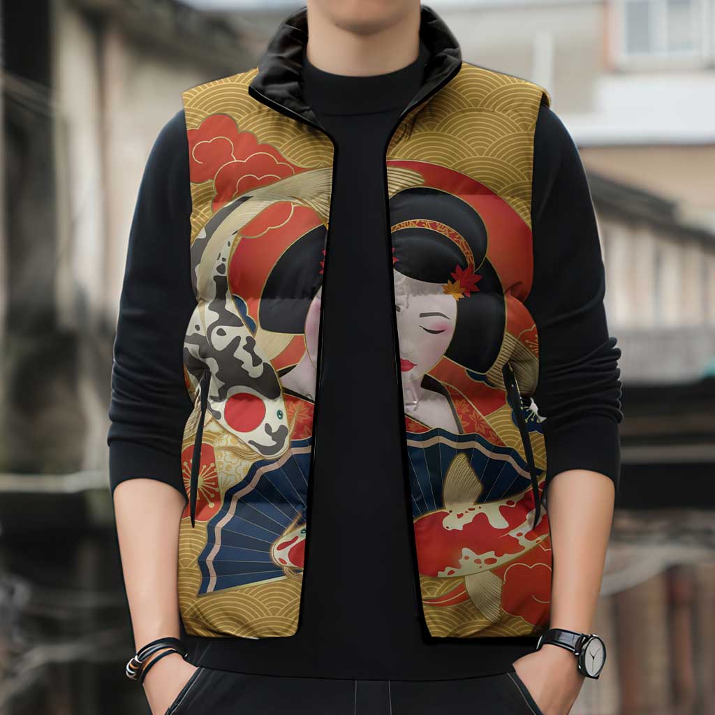 Japanese Geisha Koi Fish Sleeveless Puffer Jacket Cherry Blossoms Yellow Seigaiha Pattern - Polynesian Pride