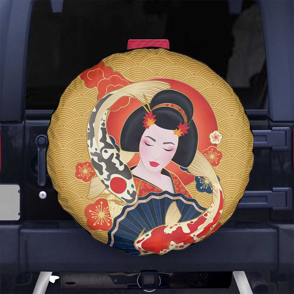 Japanese Geisha Koi Fish Spare Tire Cover Cherry Blossoms Yellow Seigaiha Pattern LT14 No hole Yellow - Polynesian Pride