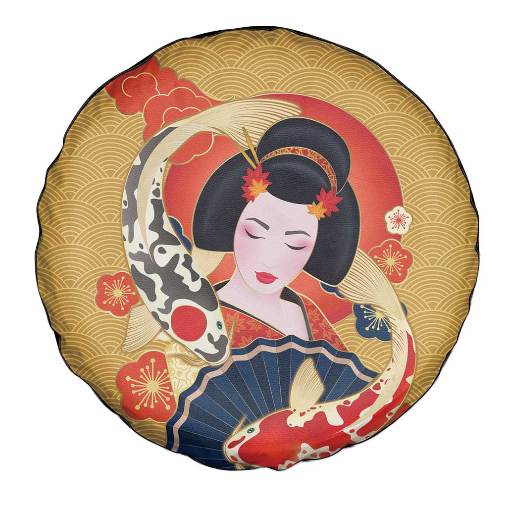 Japanese Geisha Koi Fish Spare Tire Cover Cherry Blossoms Yellow Seigaiha Pattern LT14 - Polynesian Pride