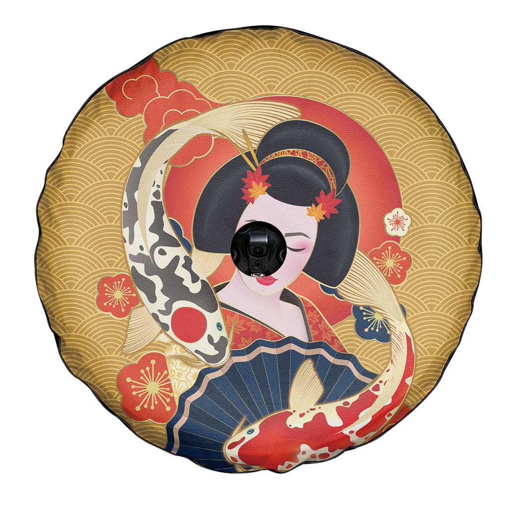 Japanese Geisha Koi Fish Spare Tire Cover Cherry Blossoms Yellow Seigaiha Pattern LT14 - Polynesian Pride