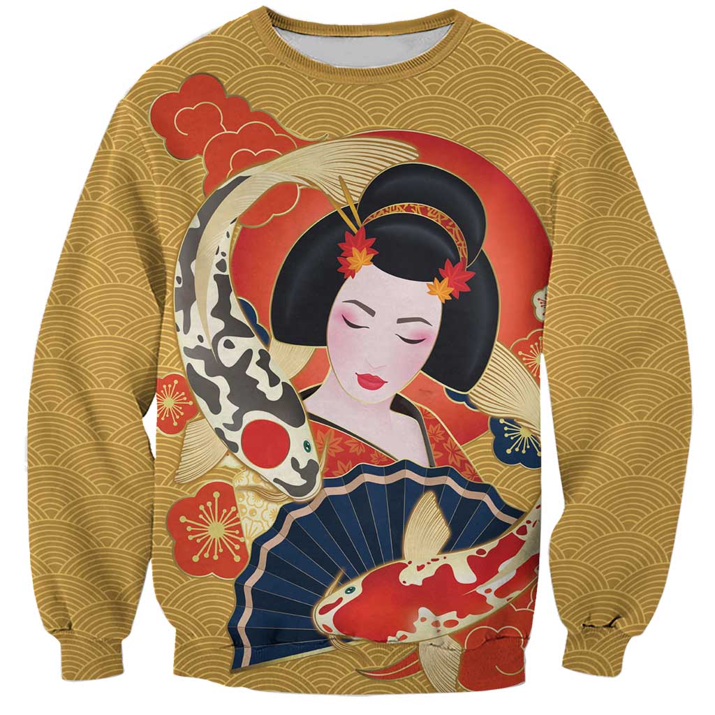 Japanese Geisha Koi Fish Sweatshirt Cherry Blossoms Yellow Seigaiha Pattern LT14 Unisex Yellow - Polynesian Pride