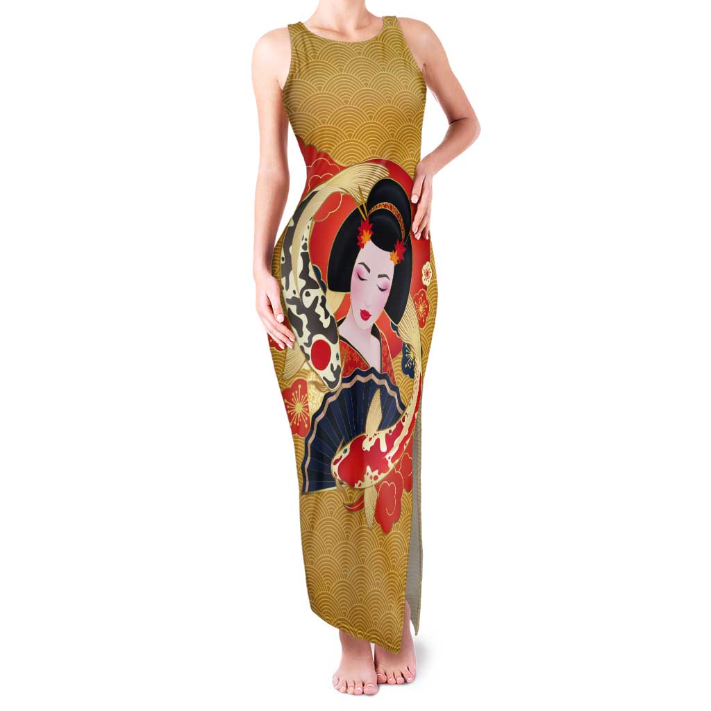 Japanese Geisha Koi Fish Tank Maxi Dress Cherry Blossoms Yellow Seigaiha Pattern - Polynesian Pride