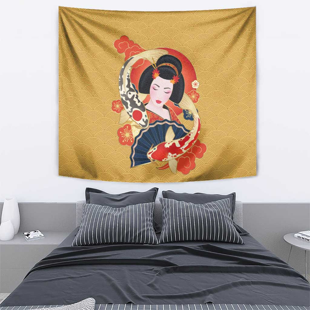 Japanese Geisha Koi Fish Tapestry Cherry Blossoms Yellow Seigaiha Pattern LT14 - Polynesian Pride