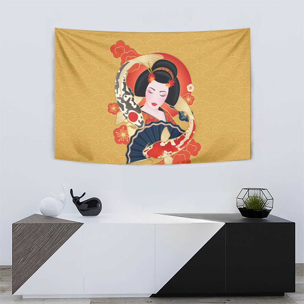 Japanese Geisha Koi Fish Tapestry Cherry Blossoms Yellow Seigaiha Pattern LT14 - Polynesian Pride