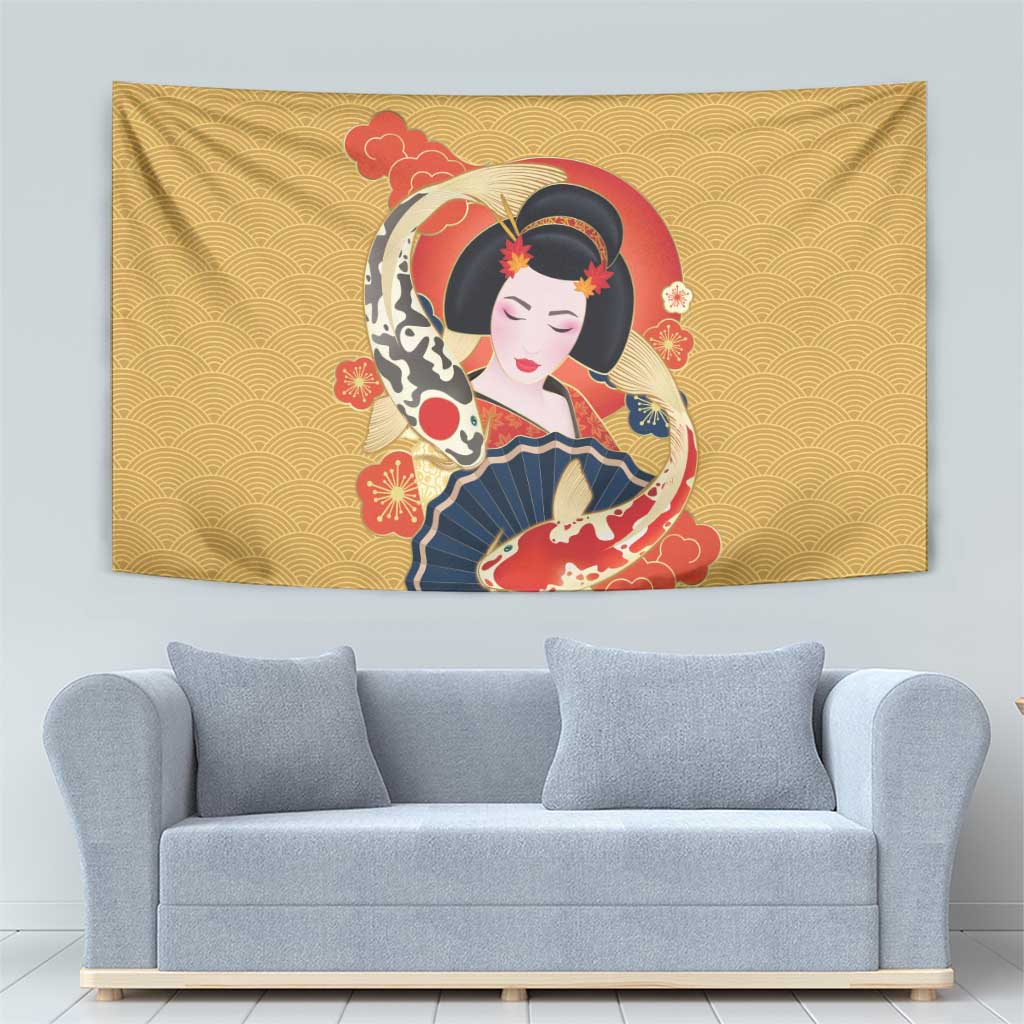 Japanese Geisha Koi Fish Tapestry Cherry Blossoms Yellow Seigaiha Pattern LT14 - Polynesian Pride