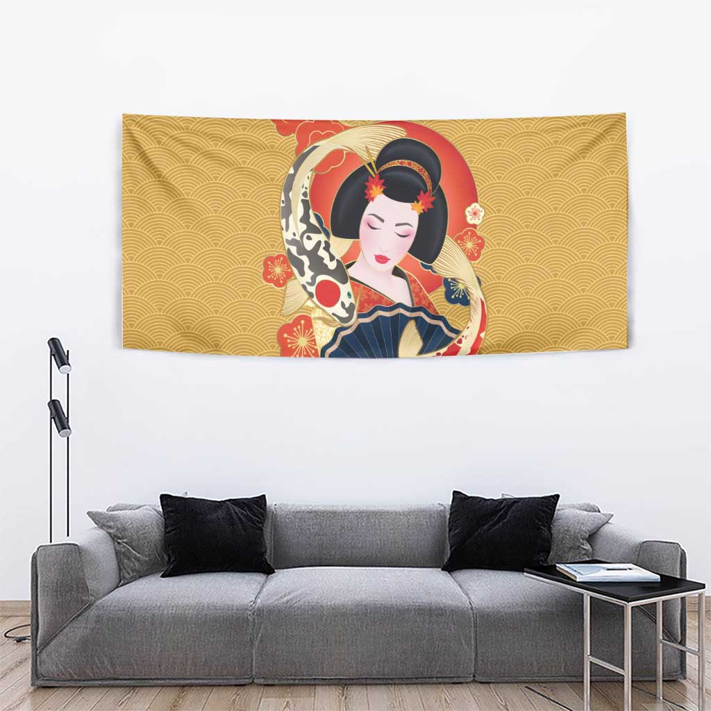 Japanese Geisha Koi Fish Tapestry Cherry Blossoms Yellow Seigaiha Pattern LT14 - Polynesian Pride