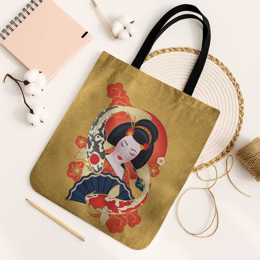 Japanese Geisha Koi Fish Tote Bag Cherry Blossoms Yellow Seigaiha Pattern - Polynesian Pride
