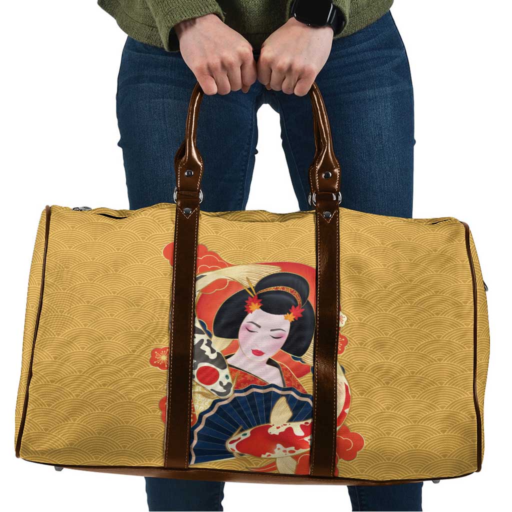 Japanese Geisha Koi Fish Travel Bag Cherry Blossoms Yellow Seigaiha Pattern - Polynesian Pride