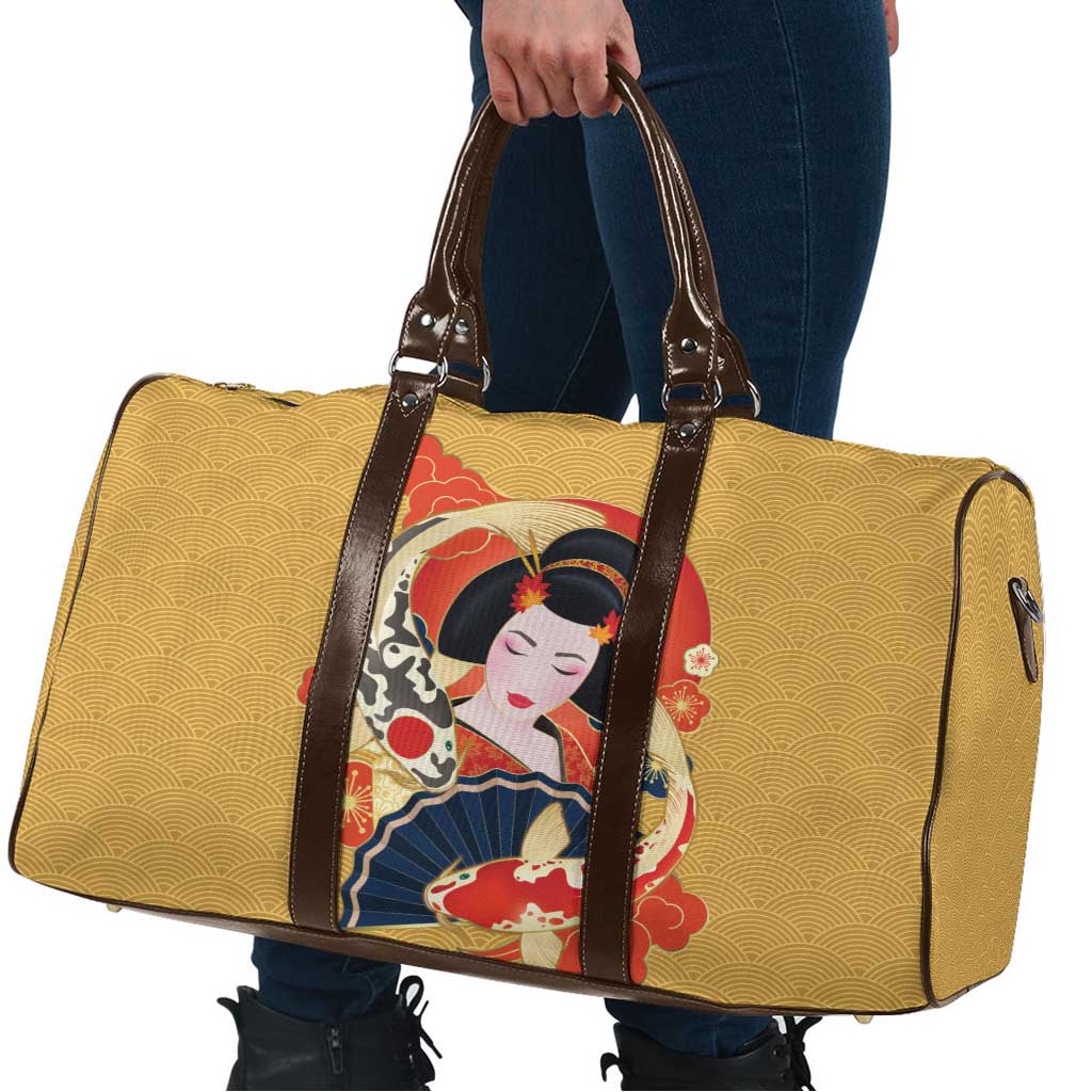 Japanese Geisha Koi Fish Travel Bag Cherry Blossoms Yellow Seigaiha Pattern - Polynesian Pride