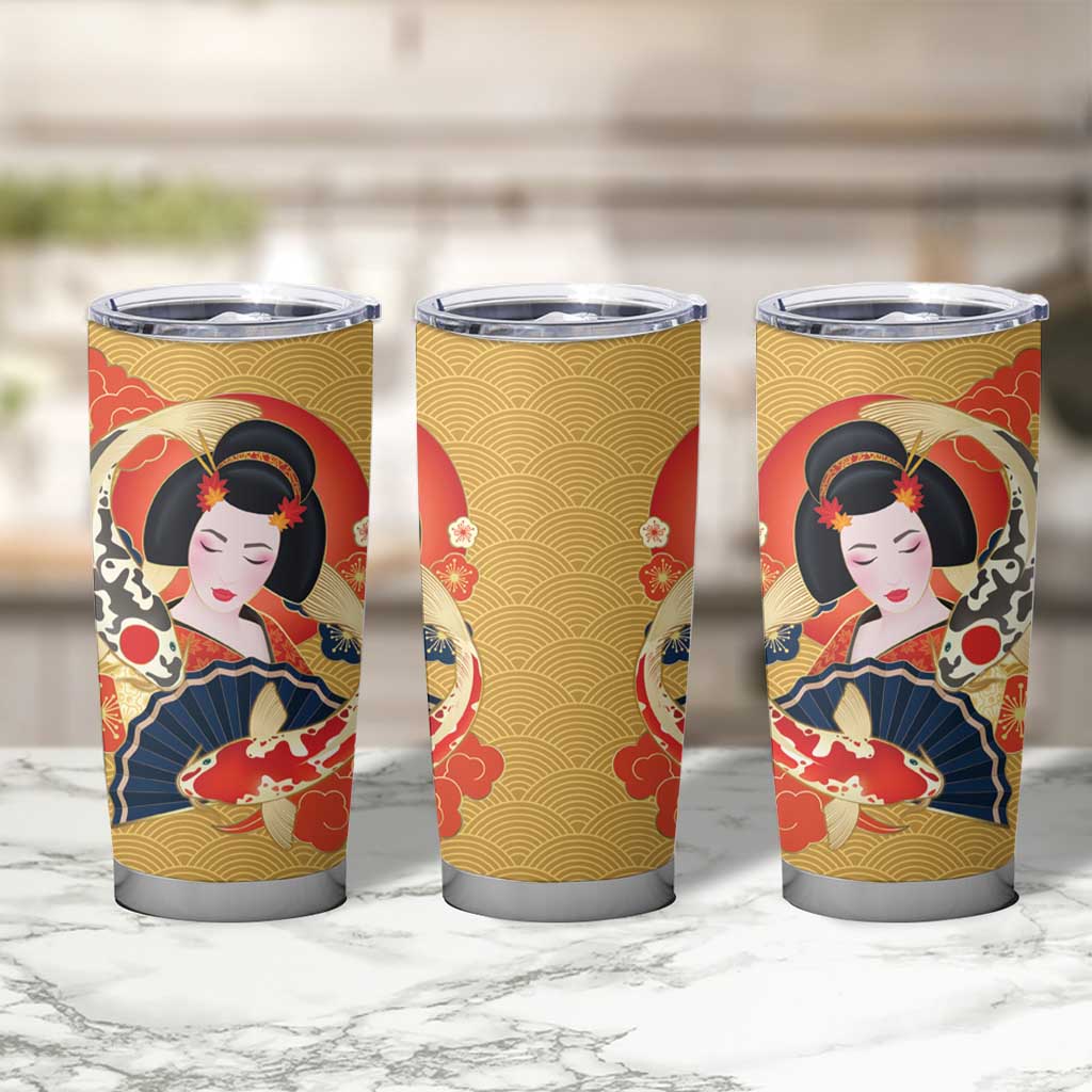 Japanese Geisha Koi Fish Tumbler Cup Cherry Blossoms Yellow Seigaiha Pattern LT14 - Polynesian Pride