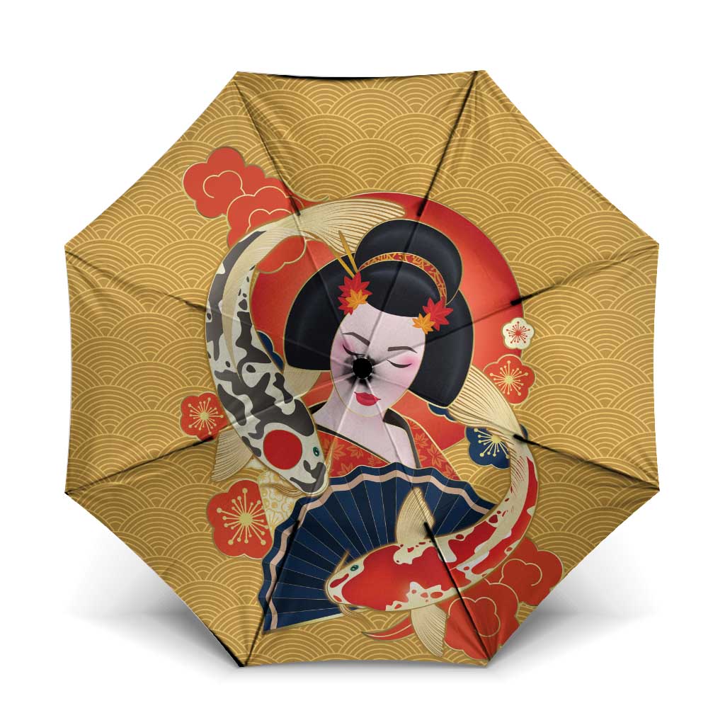 Japanese Geisha Koi Fish Umbrella Cherry Blossoms Yellow Seigaiha Pattern - Polynesian Pride