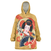 Japanese Geisha Koi Fish Wearable Blanket Hoodie Cherry Blossoms Yellow Seigaiha Pattern LT14 One Size Yellow - Polynesian Pride
