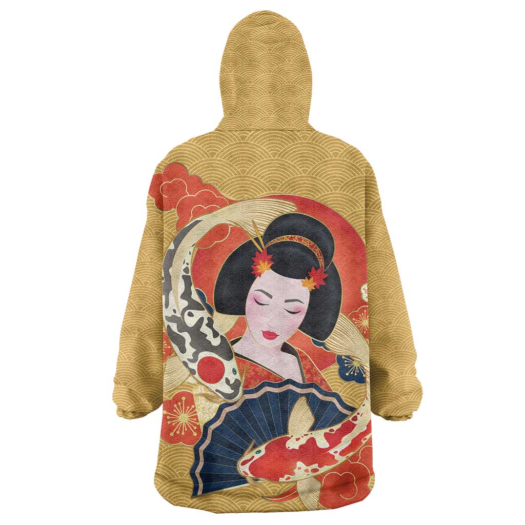Japanese Geisha Koi Fish Wearable Blanket Hoodie Cherry Blossoms Yellow Seigaiha Pattern LT14 - Polynesian Pride