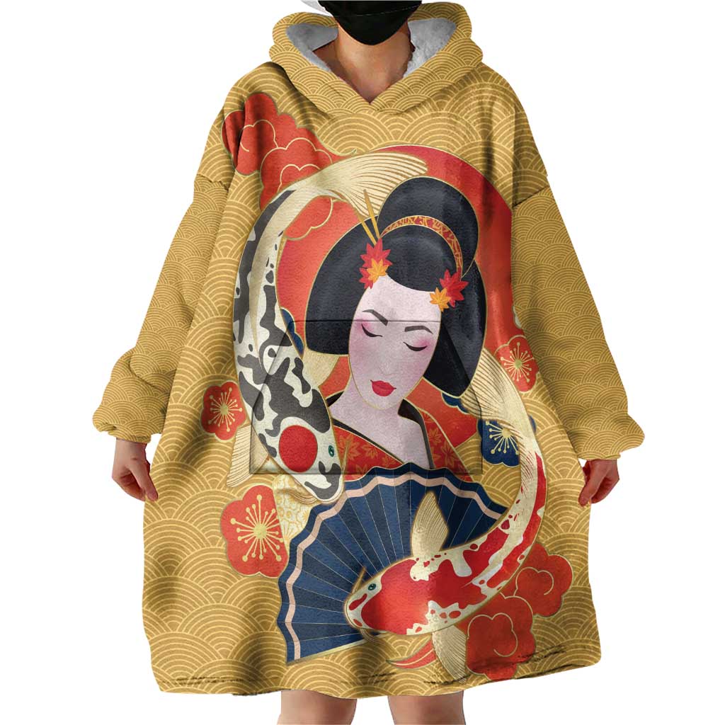 Japanese Geisha Koi Fish Wearable Blanket Hoodie Cherry Blossoms Yellow Seigaiha Pattern LT14 - Polynesian Pride
