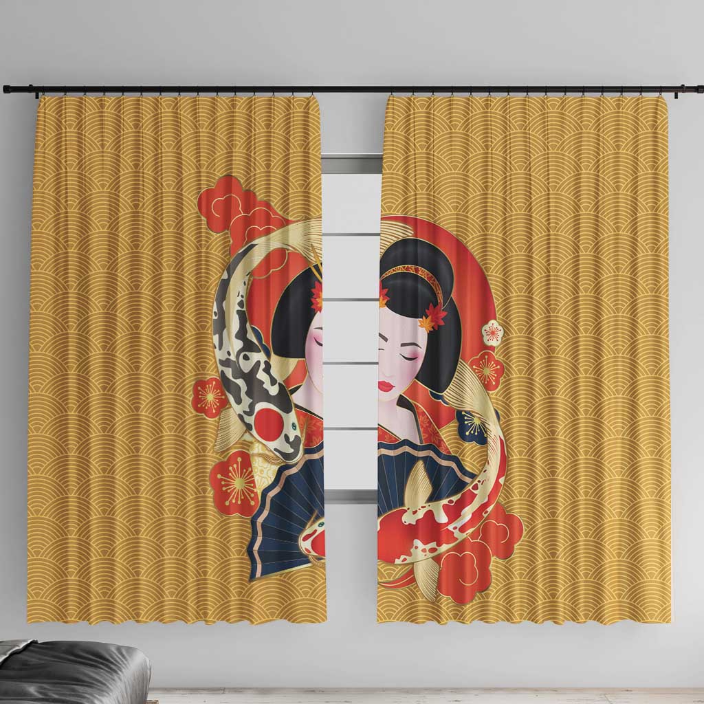 Japanese Geisha Koi Fish Window Curtain Cherry Blossoms Yellow Seigaiha Pattern LT14 With Hooks Yellow - Polynesian Pride