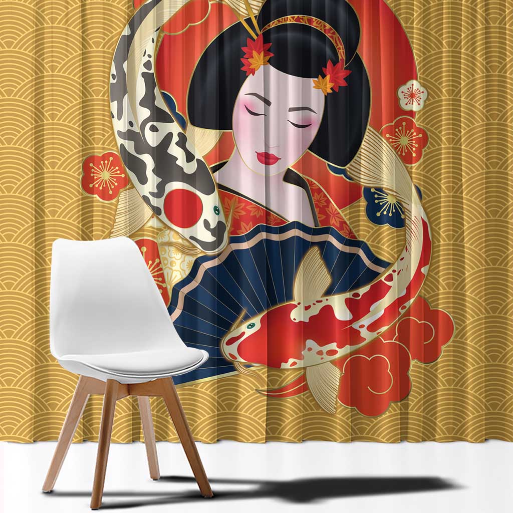 Japanese Geisha Koi Fish Window Curtain Cherry Blossoms Yellow Seigaiha Pattern LT14 - Polynesian Pride