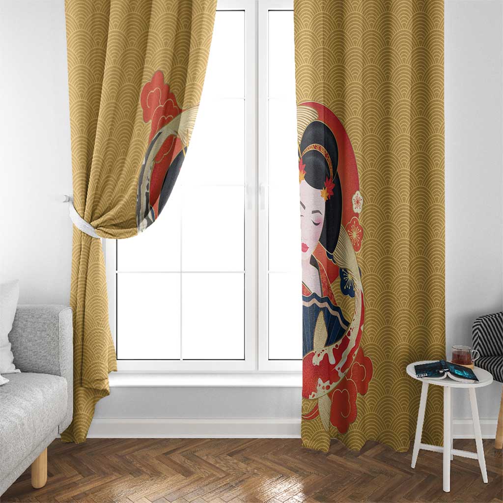 Japanese Geisha Koi Fish Window Curtain Cherry Blossoms Yellow Seigaiha Pattern LT14 - Polynesian Pride