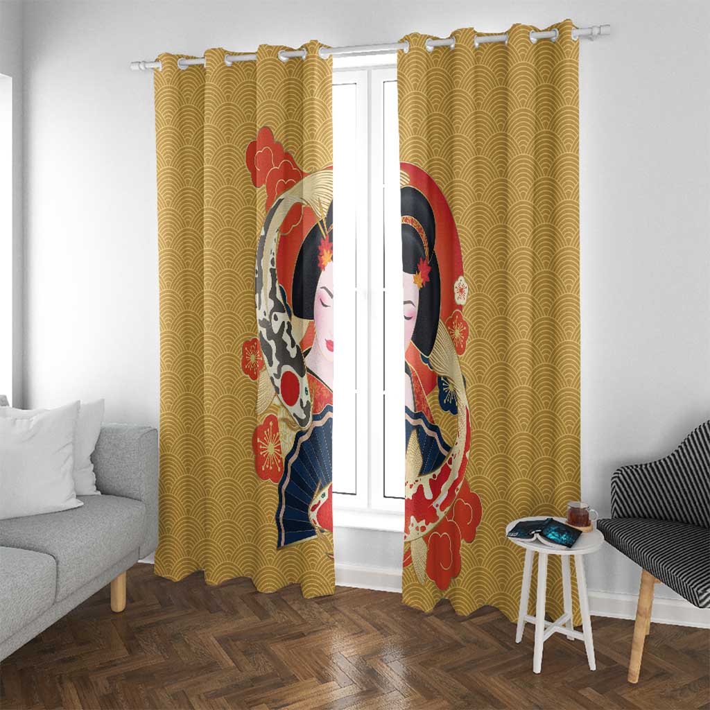 Japanese Geisha Koi Fish Window Curtain Cherry Blossoms Yellow Seigaiha Pattern LT14 With Grommets Yellow - Polynesian Pride