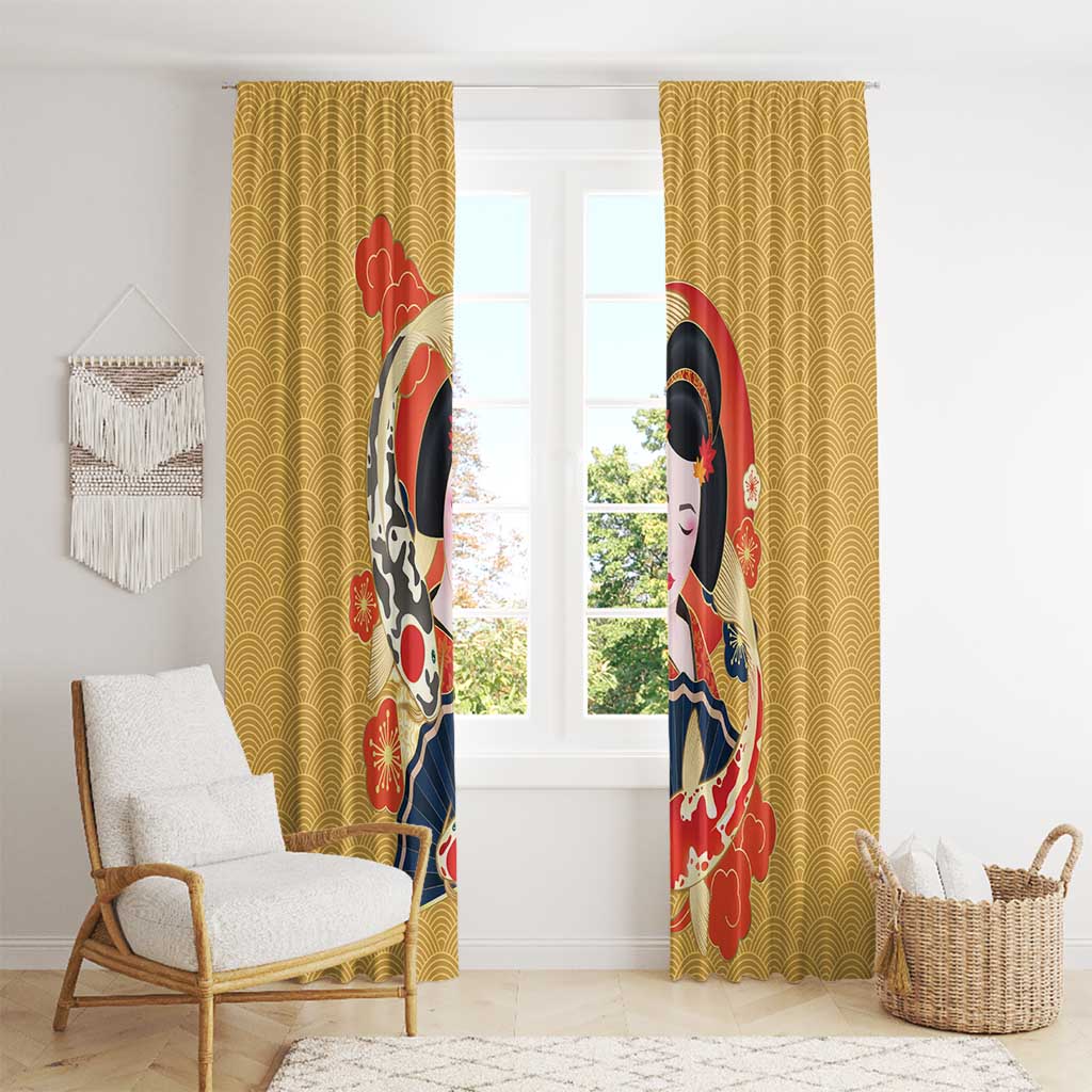 Japanese Geisha Koi Fish Window Curtain Cherry Blossoms Yellow Seigaiha Pattern LT14 - Polynesian Pride