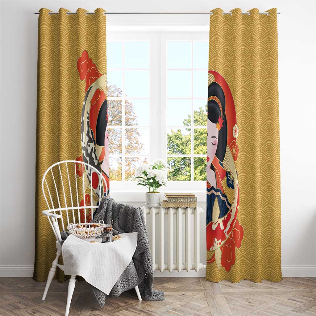 Japanese Geisha Koi Fish Window Curtain Cherry Blossoms Yellow Seigaiha Pattern LT14 - Polynesian Pride
