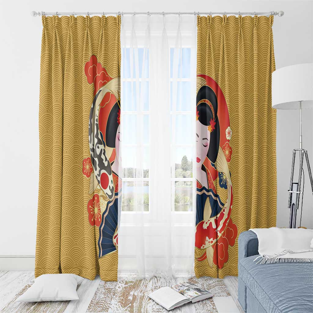 Japanese Geisha Koi Fish Window Curtain Cherry Blossoms Yellow Seigaiha Pattern LT14 - Polynesian Pride