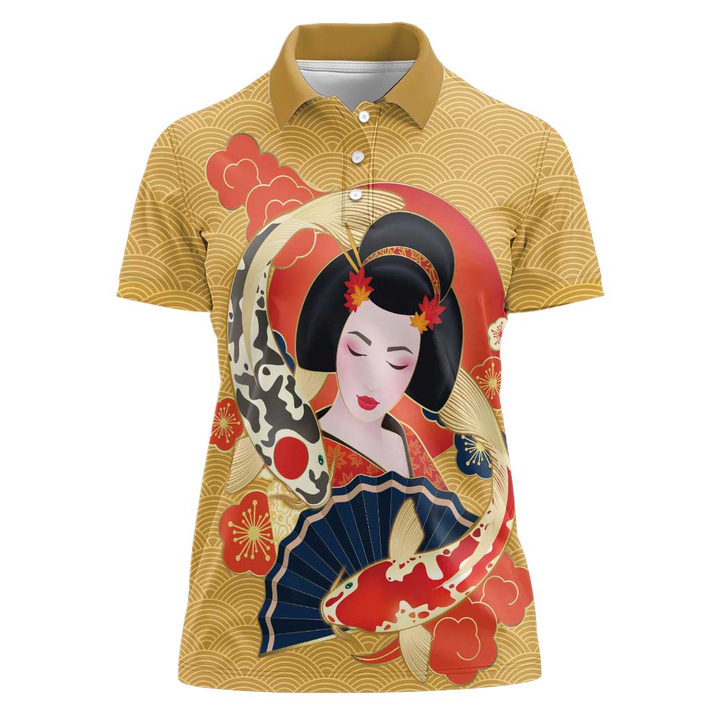 Japanese Geisha Koi Fish Women Polo Shirt Cherry Blossoms Yellow Seigaiha Pattern - Polynesian Pride