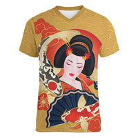 Japanese Geisha Koi Fish Women V-Neck T-Shirt Cherry Blossoms Yellow Seigaiha Pattern LT14 Female Yellow - Polynesian Pride