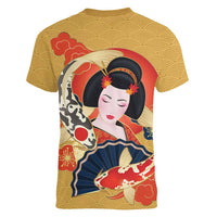 Japanese Geisha Koi Fish Women V-Neck T-Shirt Cherry Blossoms Yellow Seigaiha Pattern LT14 - Polynesian Pride