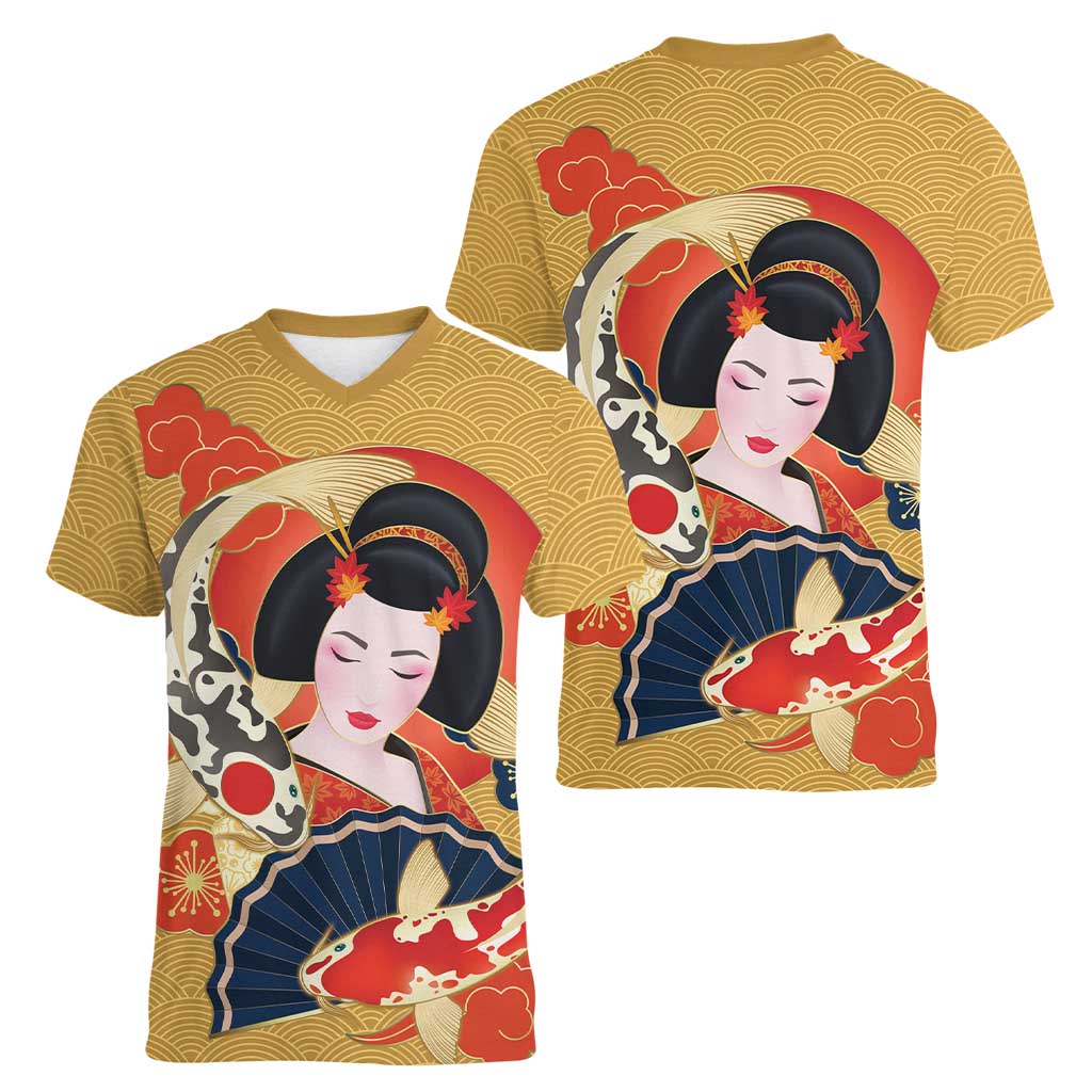 Japanese Geisha Koi Fish Women V-Neck T-Shirt Cherry Blossoms Yellow Seigaiha Pattern LT14 - Polynesian Pride