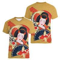 Japanese Geisha Koi Fish Women V-Neck T-Shirt Cherry Blossoms Yellow Seigaiha Pattern LT14 - Polynesian Pride