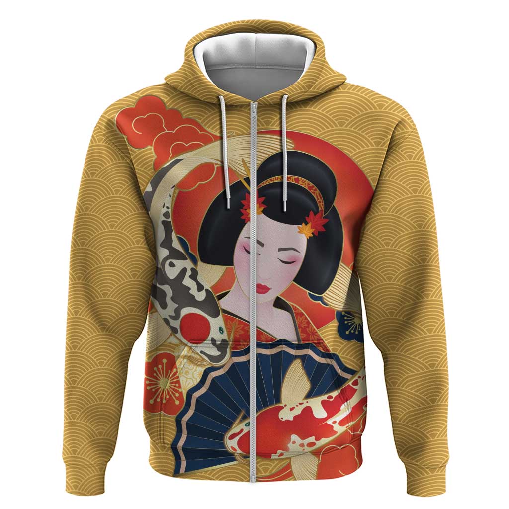 Japanese Geisha Koi Fish Zip Hoodie Cherry Blossoms Yellow Seigaiha Pattern LT14 Zip Hoodie Yellow - Polynesian Pride