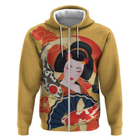 Japanese Geisha Koi Fish Zip Hoodie Cherry Blossoms Yellow Seigaiha Pattern LT14 Zip Hoodie Yellow - Polynesian Pride