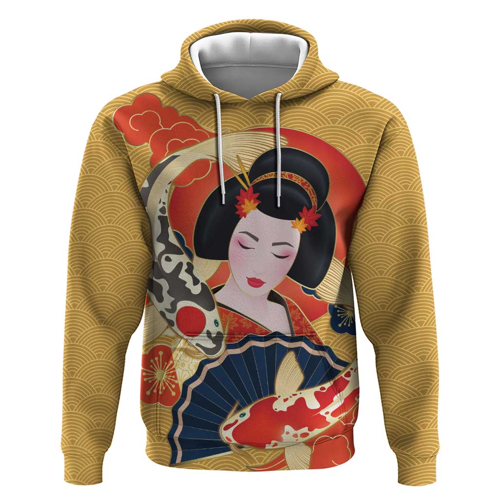 Japanese Geisha Koi Fish Zip Hoodie Cherry Blossoms Yellow Seigaiha Pattern LT14 Pullover Hoodie Yellow - Polynesian Pride