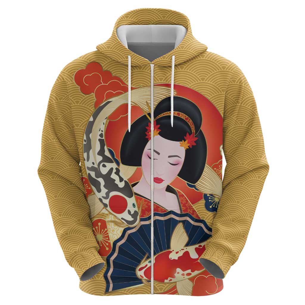 Japanese Geisha Koi Fish Zip Hoodie Cherry Blossoms Yellow Seigaiha Pattern LT14 - Polynesian Pride