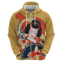 Japanese Geisha Koi Fish Zip Hoodie Cherry Blossoms Yellow Seigaiha Pattern LT14 - Polynesian Pride