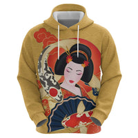 Japanese Geisha Koi Fish Zip Hoodie Cherry Blossoms Yellow Seigaiha Pattern LT14 - Polynesian Pride