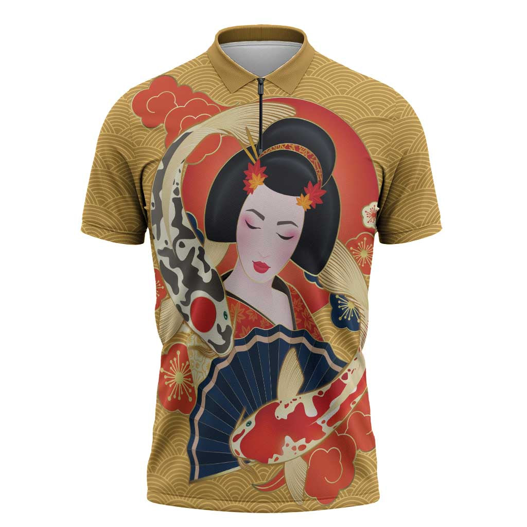 Japanese Geisha Koi Fish Zipper Polo Shirt Cherry Blossoms Yellow Seigaiha Pattern LT14 Yellow - Polynesian Pride