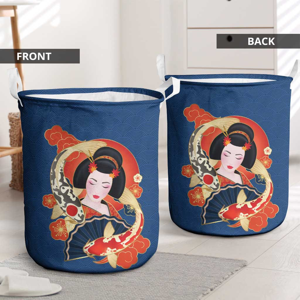 Japanese Geisha Koi Fish Laundry Basket Cherry Blossoms Blue Seigaiha Pattern - Polynesian Pride