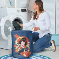 Japanese Geisha Koi Fish Laundry Basket Cherry Blossoms Blue Seigaiha Pattern - Polynesian Pride