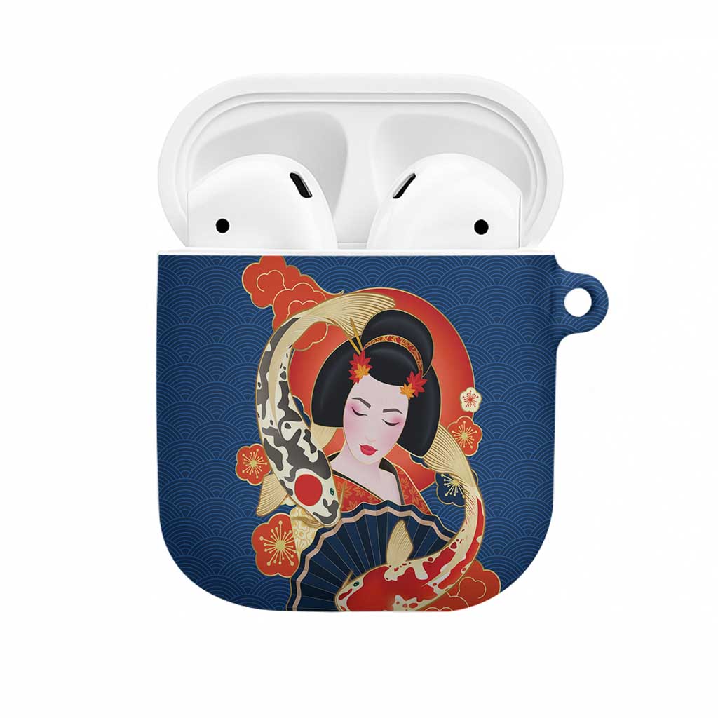 Japanese Geisha Koi Fish AirPods Case Cherry Blossoms Blue Seigaiha Pattern - Polynesian Pride