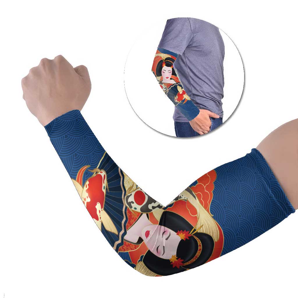 Japanese Geisha Koi Fish Arm Sleeves Cherry Blossoms Blue Seigaiha Pattern - Polynesian Pride