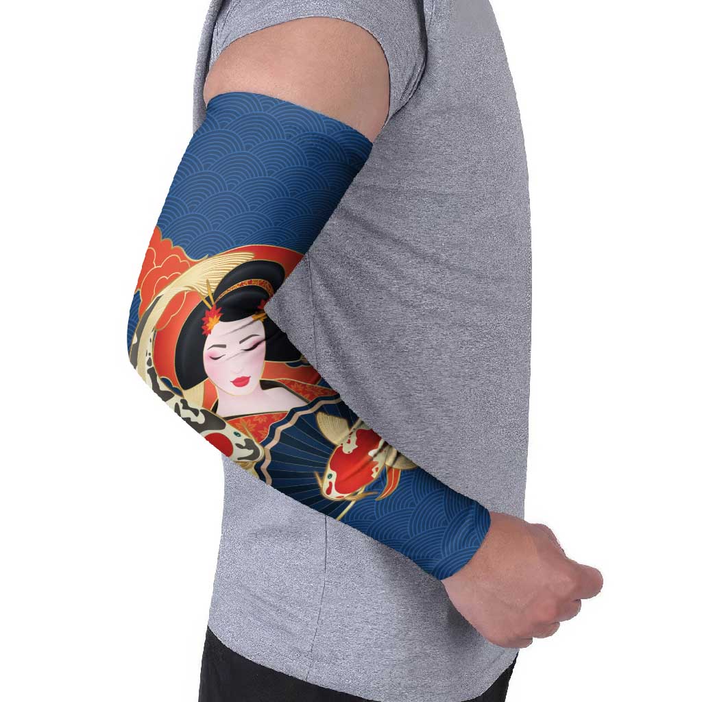 Japanese Geisha Koi Fish Arm Sleeves Cherry Blossoms Blue Seigaiha Pattern - Polynesian Pride