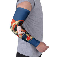 Japanese Geisha Koi Fish Arm Sleeves Cherry Blossoms Blue Seigaiha Pattern - Polynesian Pride
