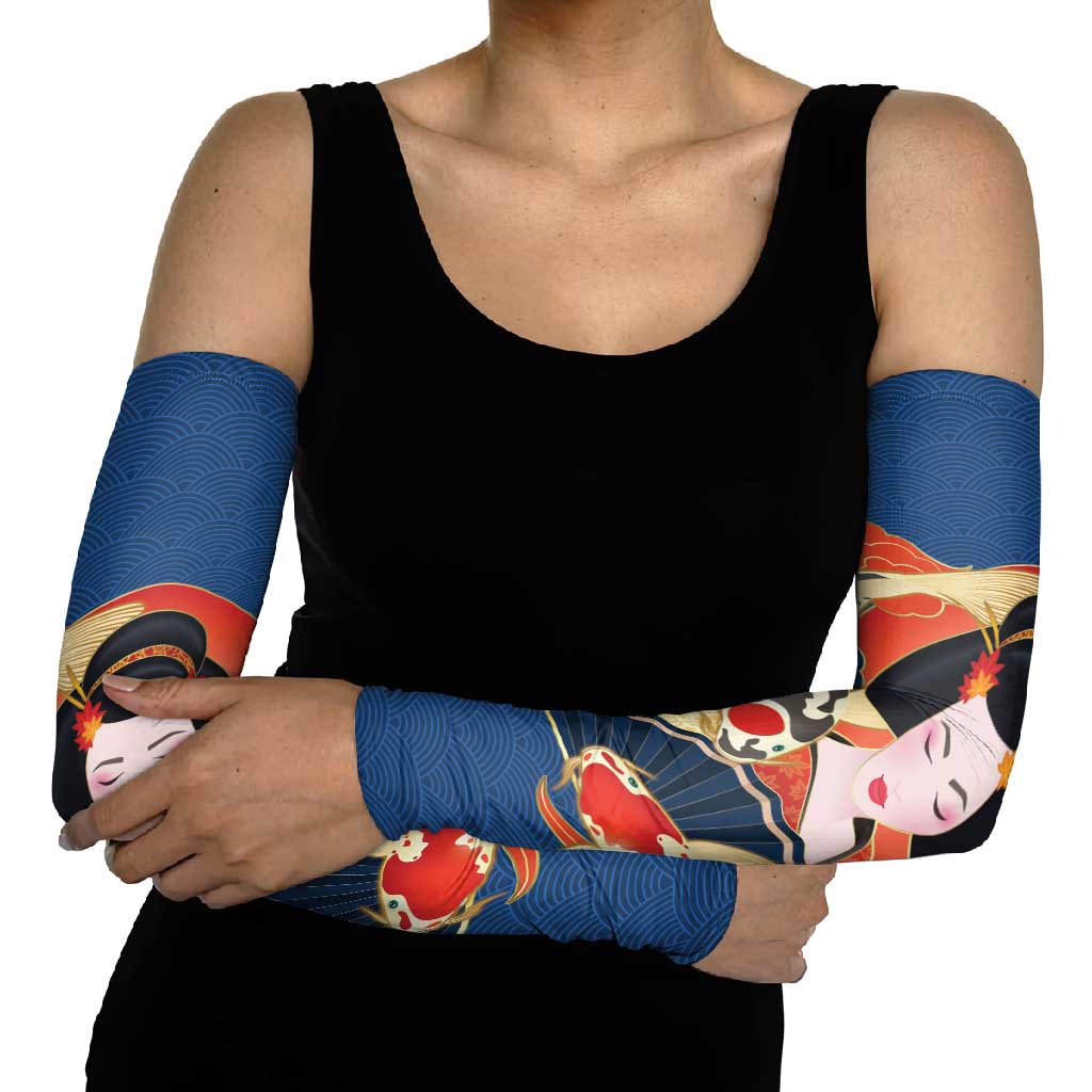 Japanese Geisha Koi Fish Arm Sleeves Cherry Blossoms Blue Seigaiha Pattern - Polynesian Pride