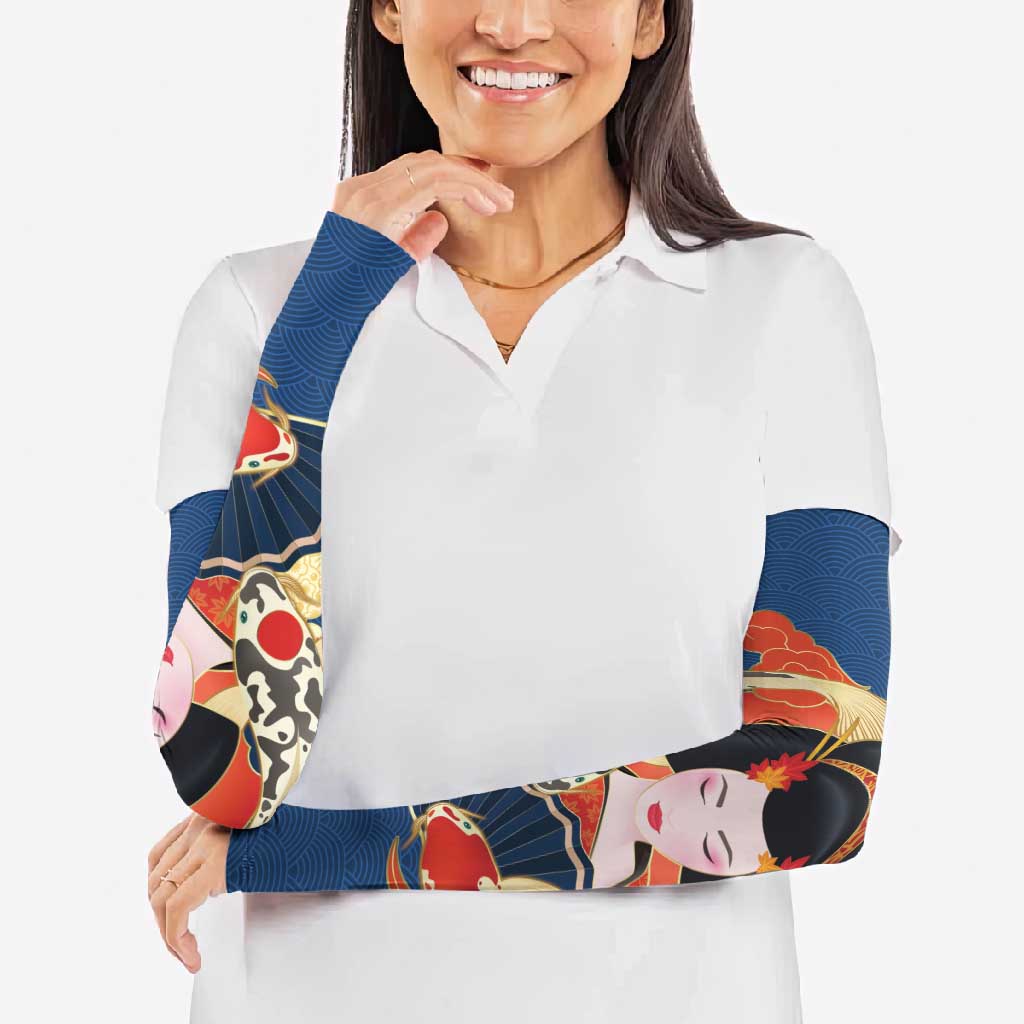 Japanese Geisha Koi Fish Arm Sleeves Cherry Blossoms Blue Seigaiha Pattern - Polynesian Pride